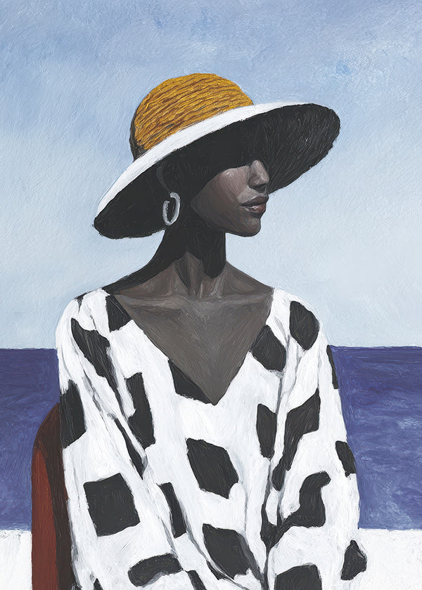 Cuadro retrato femenino con sombrero y mar