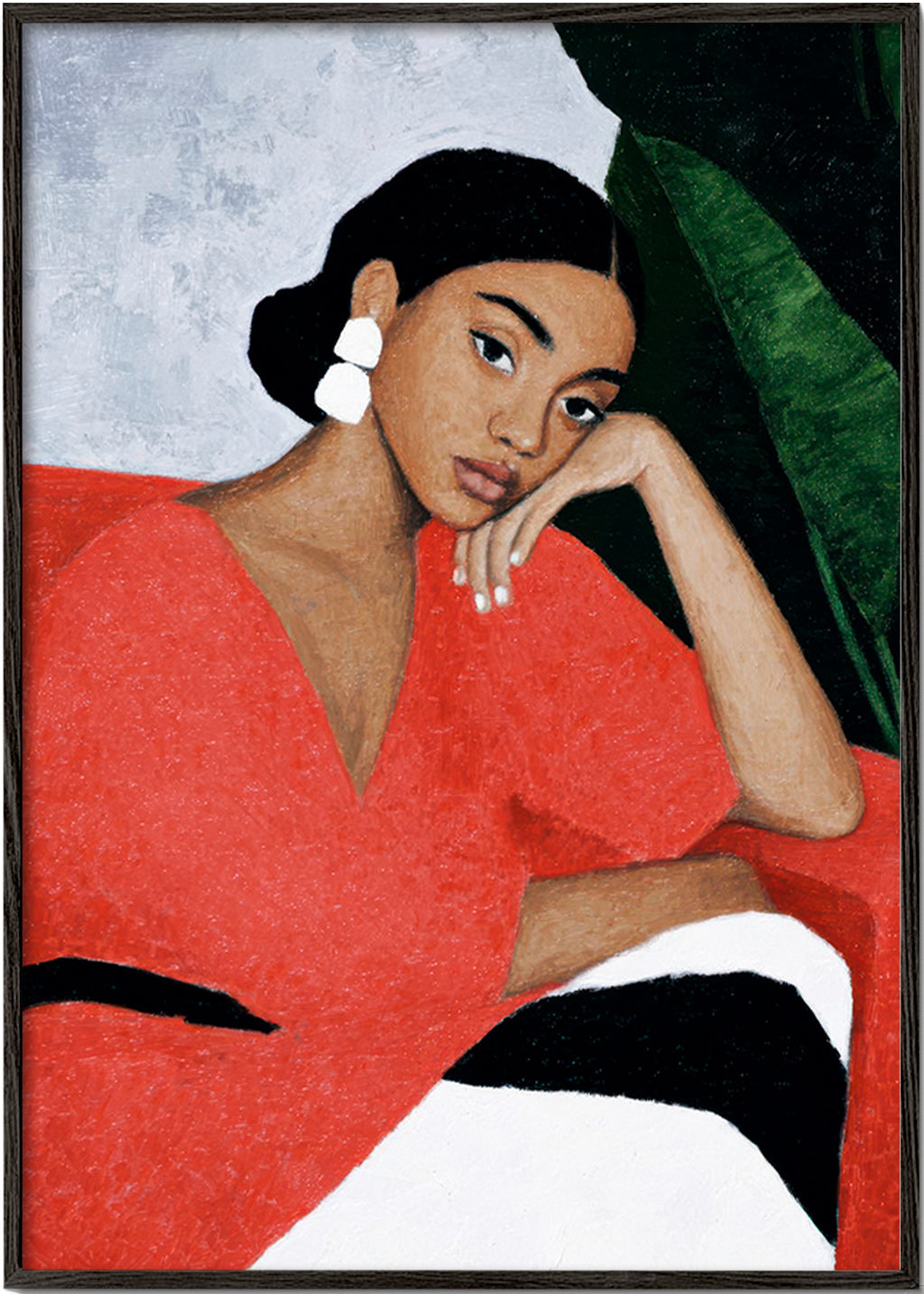 Ilustración de mujer con vestido rojo y hoja tropical – Black Frame