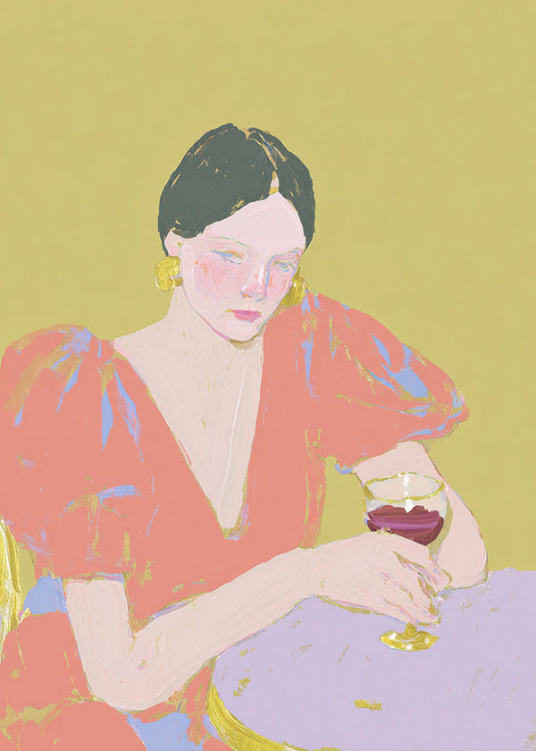 Cuadro de cocina: mujer con copa en tonos pastel