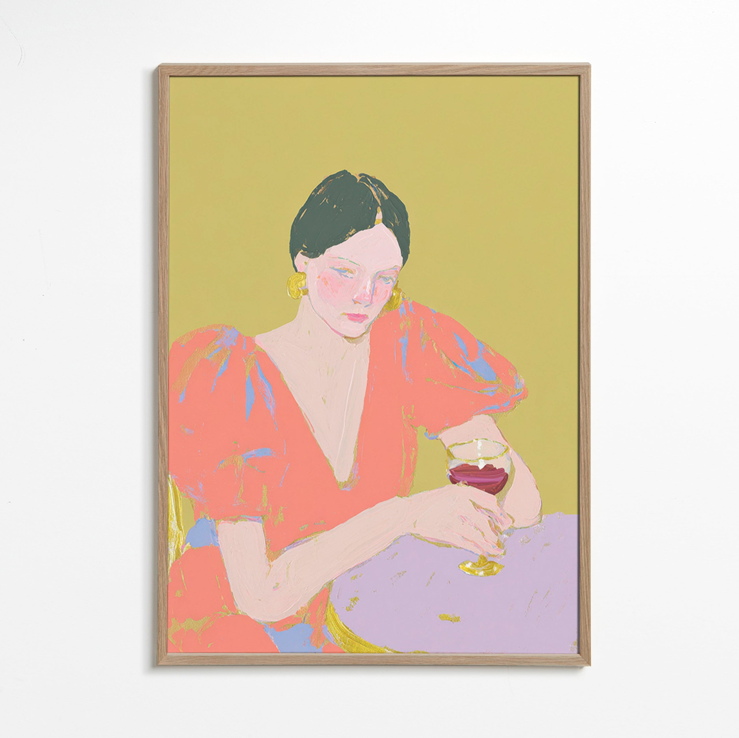 Cuadro de cocina: mujer con copa en tonos pastel – Oak Frame