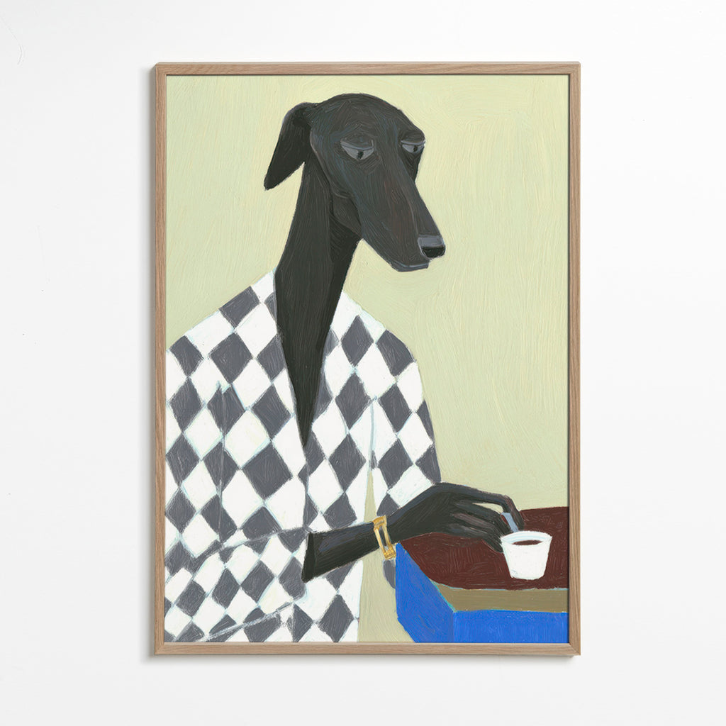 Cuadro perro elegante con taza de café – Oak Frame