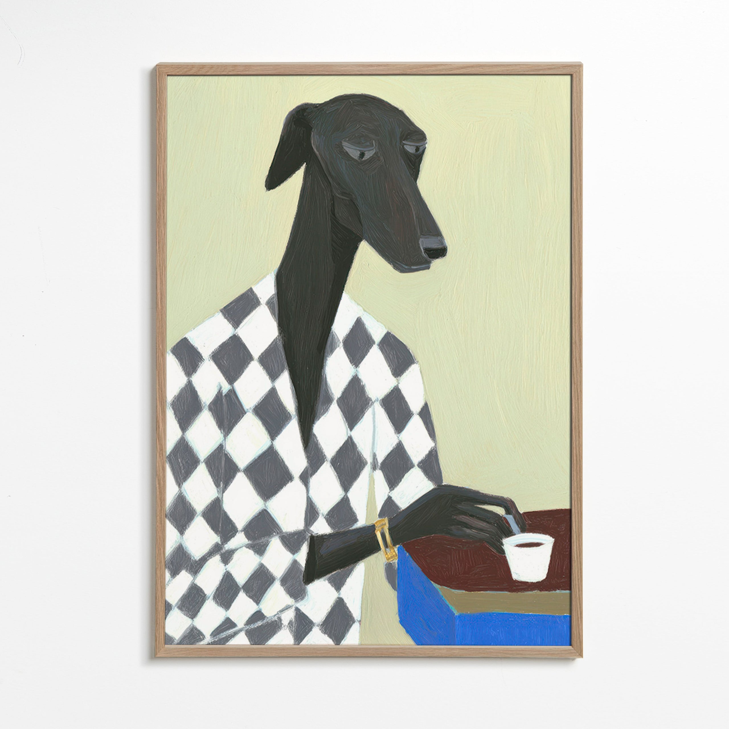 Cuadro perro elegante con taza de café – Oak Frame