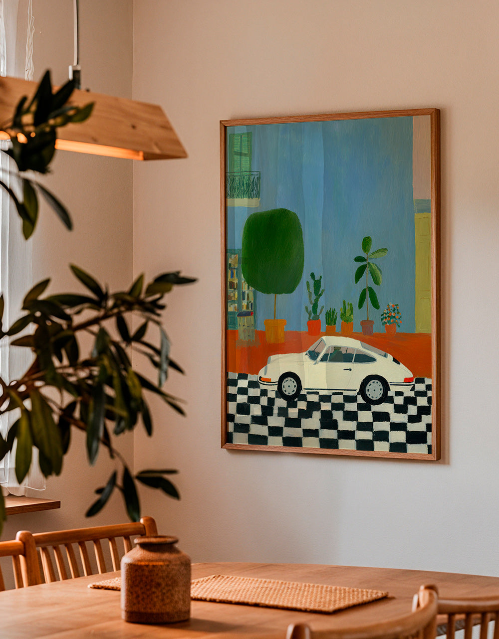 Ilustración con coche clásico y plantas de interior – Product3