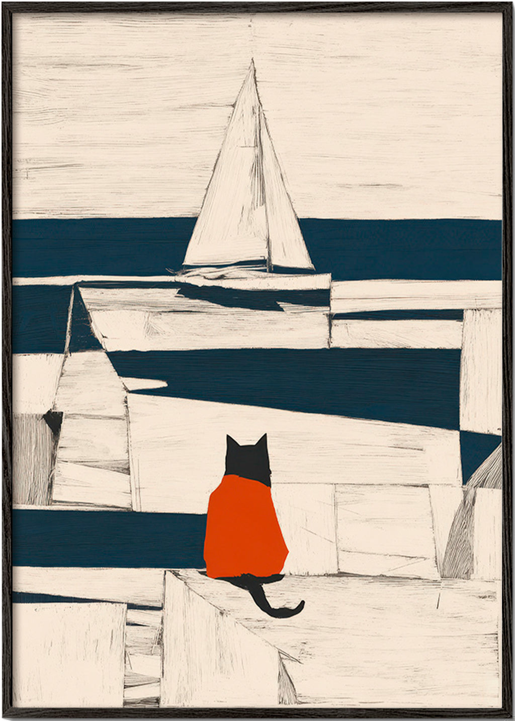 Cuadro gato en el puerto minimalista – Black Frame