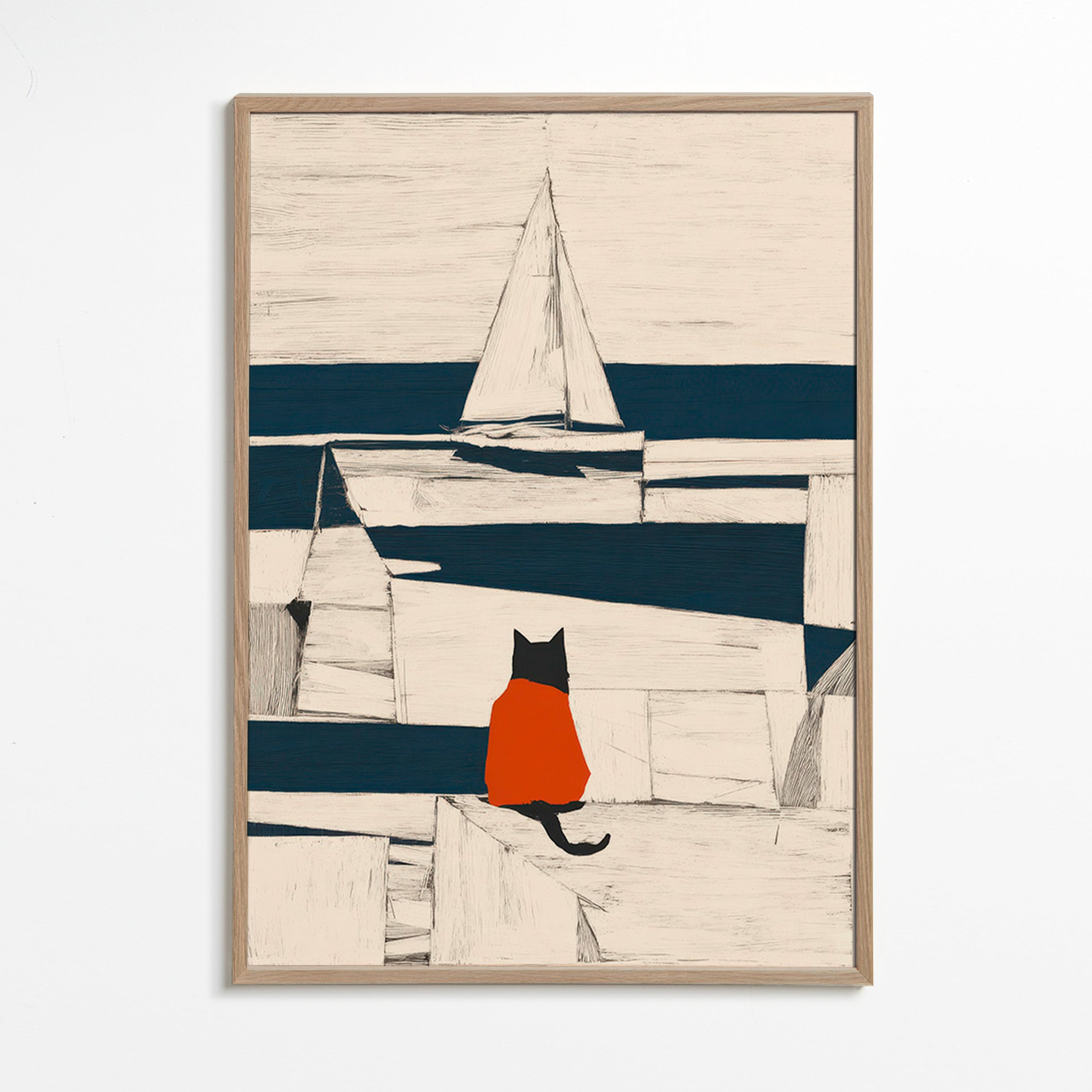 Cuadro gato en el puerto minimalista – Oak Frame