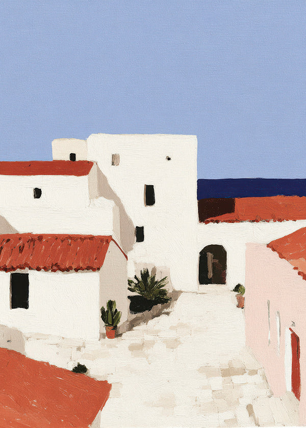 Cuadro de paisaje mediterráneo con tejados rojos