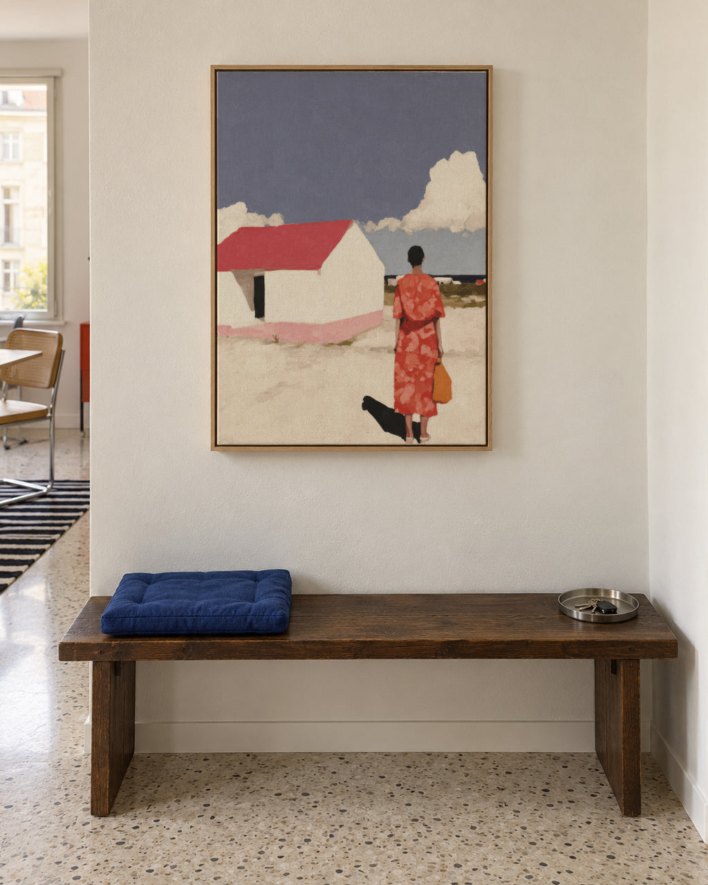 Red Dress, White House - Framed canvas in an interior