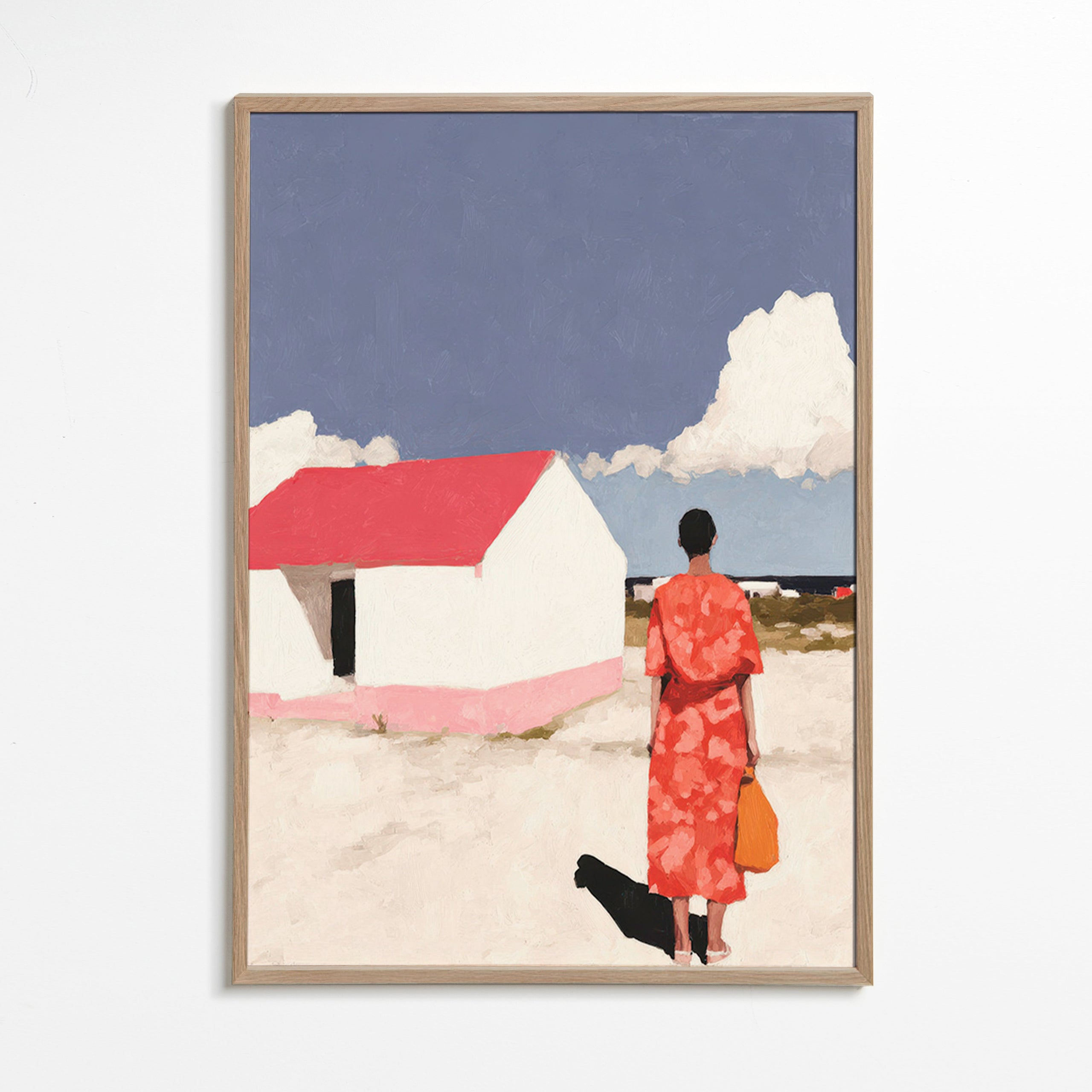 Cuadro de paisaje con figura y casita roja – Oak Frame