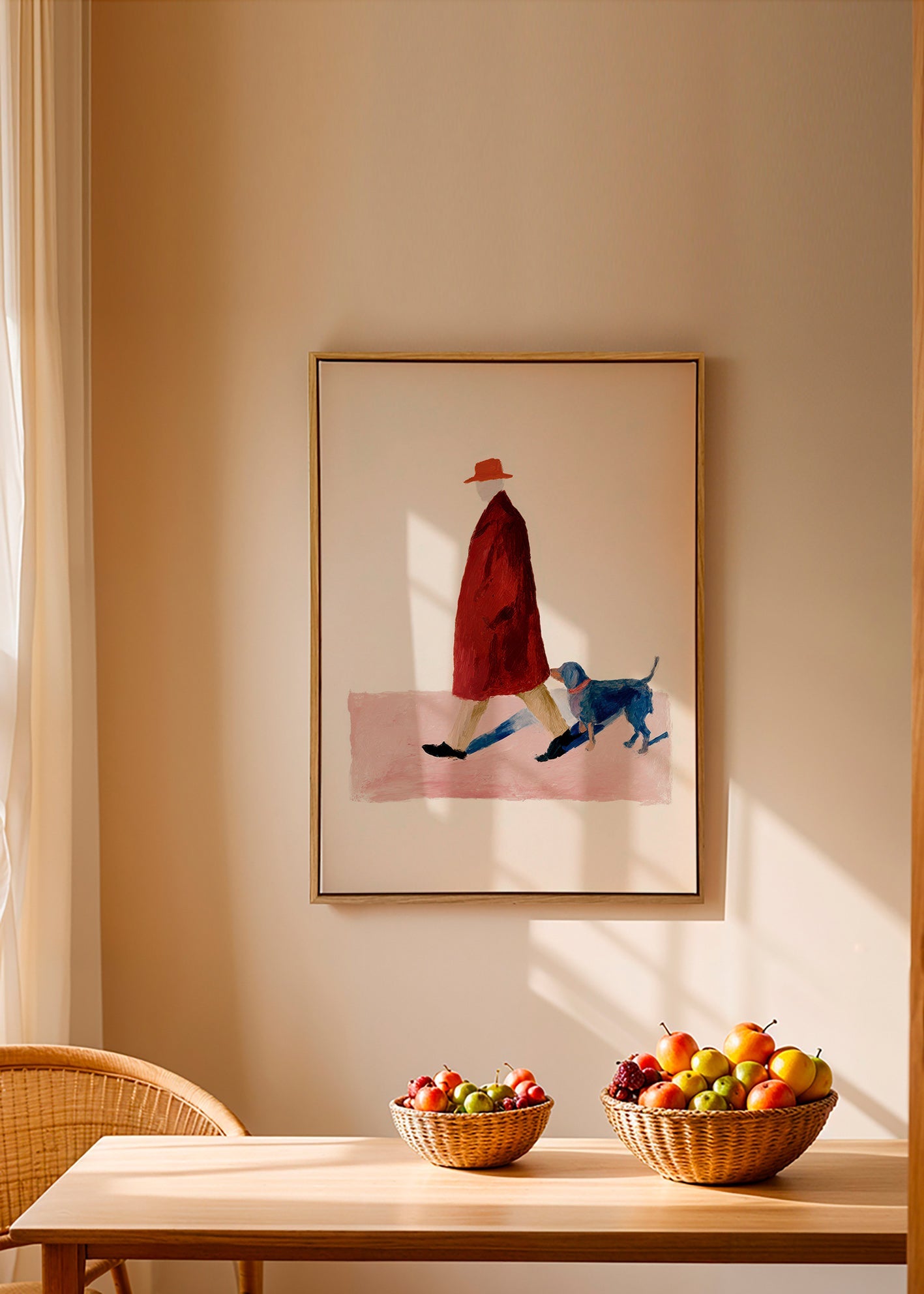 Ilustración de paseante con perro y abrigo rojo – Canvas2