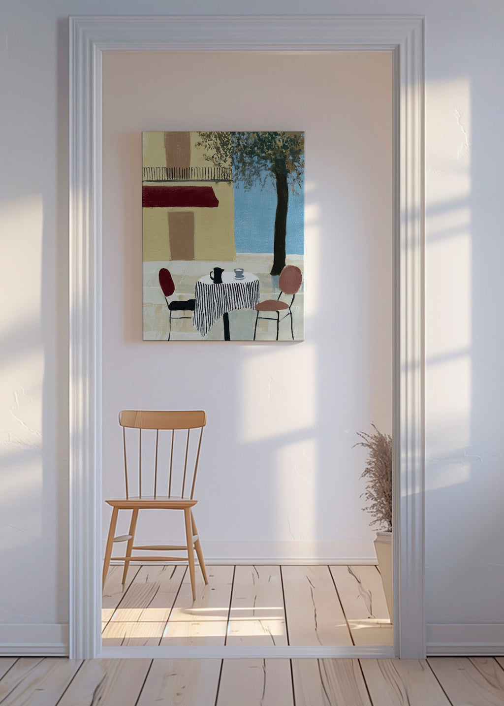 Cuadro de cocina con terraza y mesa bajo toldo – Canvas