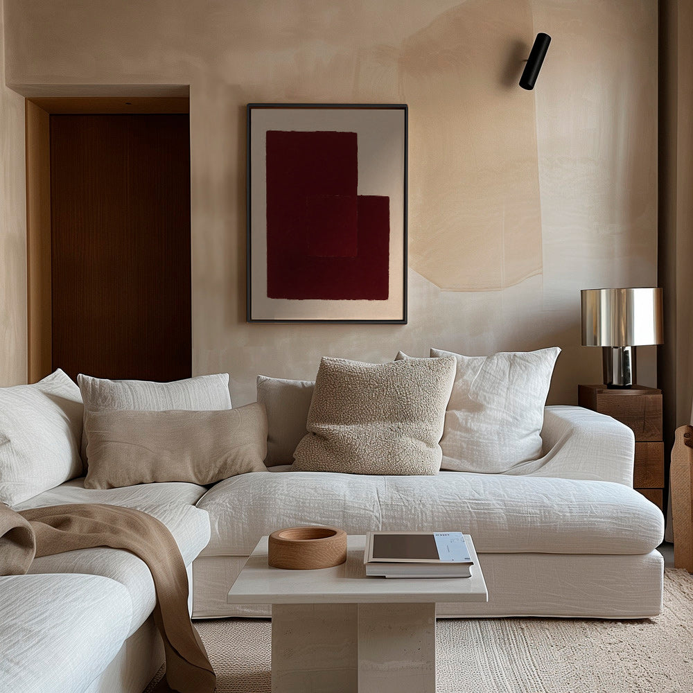 Cuadro abstracto granate con rectángulos superpuestos – Canvas2