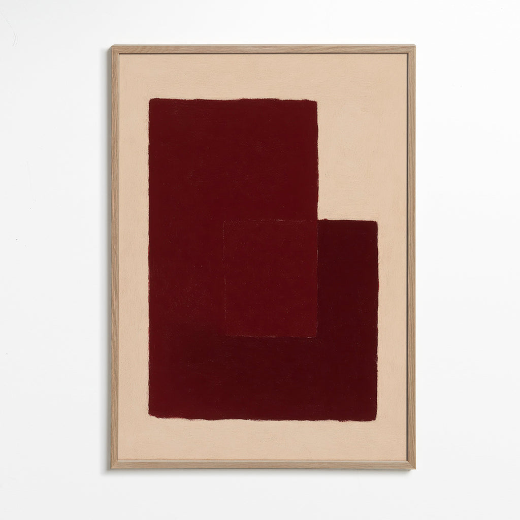 Cuadro abstracto granate con rectángulos superpuestos – Oak Frame