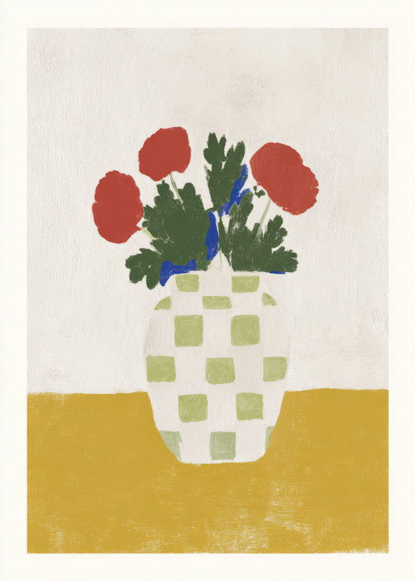 Lámina botánica: jarrón a cuadros con amapolas