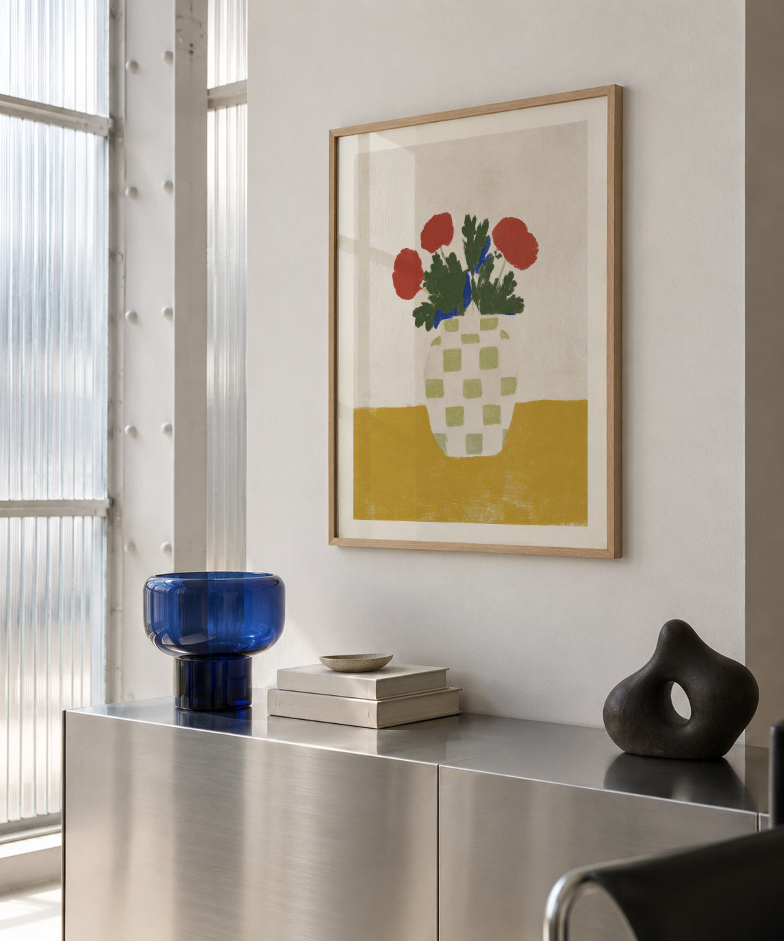 Checked Vase with Poppies - Framed poster in an interior