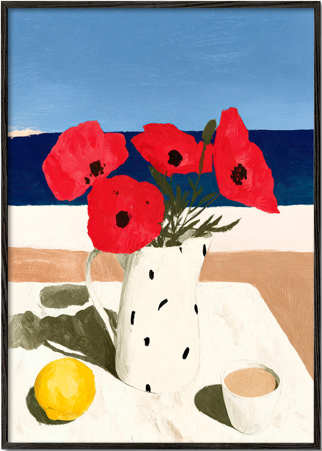 Lámina botánica con amapolas junto al mar – Black Frame