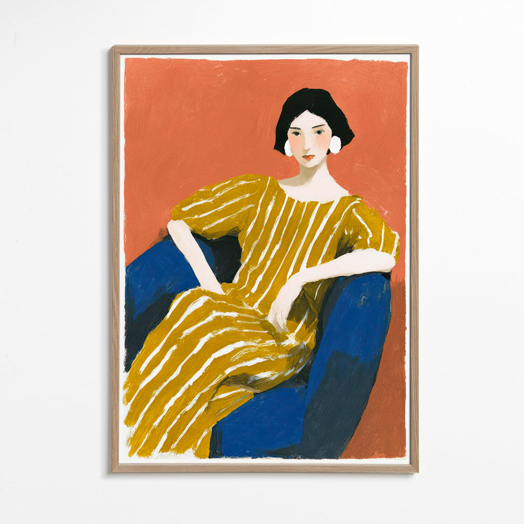 Ilustración: mujer con vestido dorado a rayas – Oak Frame