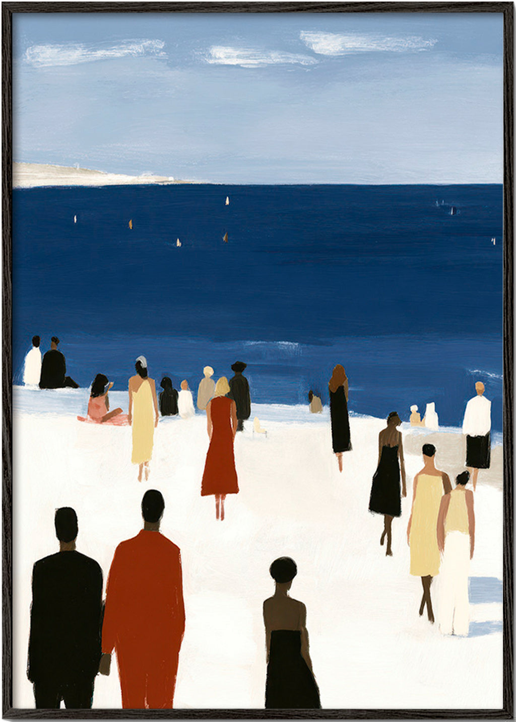 Cuadro de paisaje costero con figuras elegantes – Black Frame