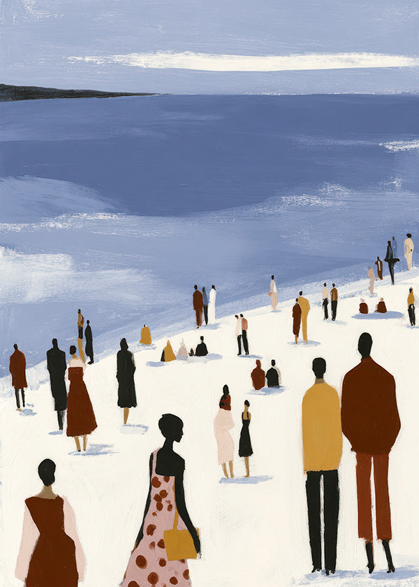 Cuadro de paisaje: playa con figuras estilizadas