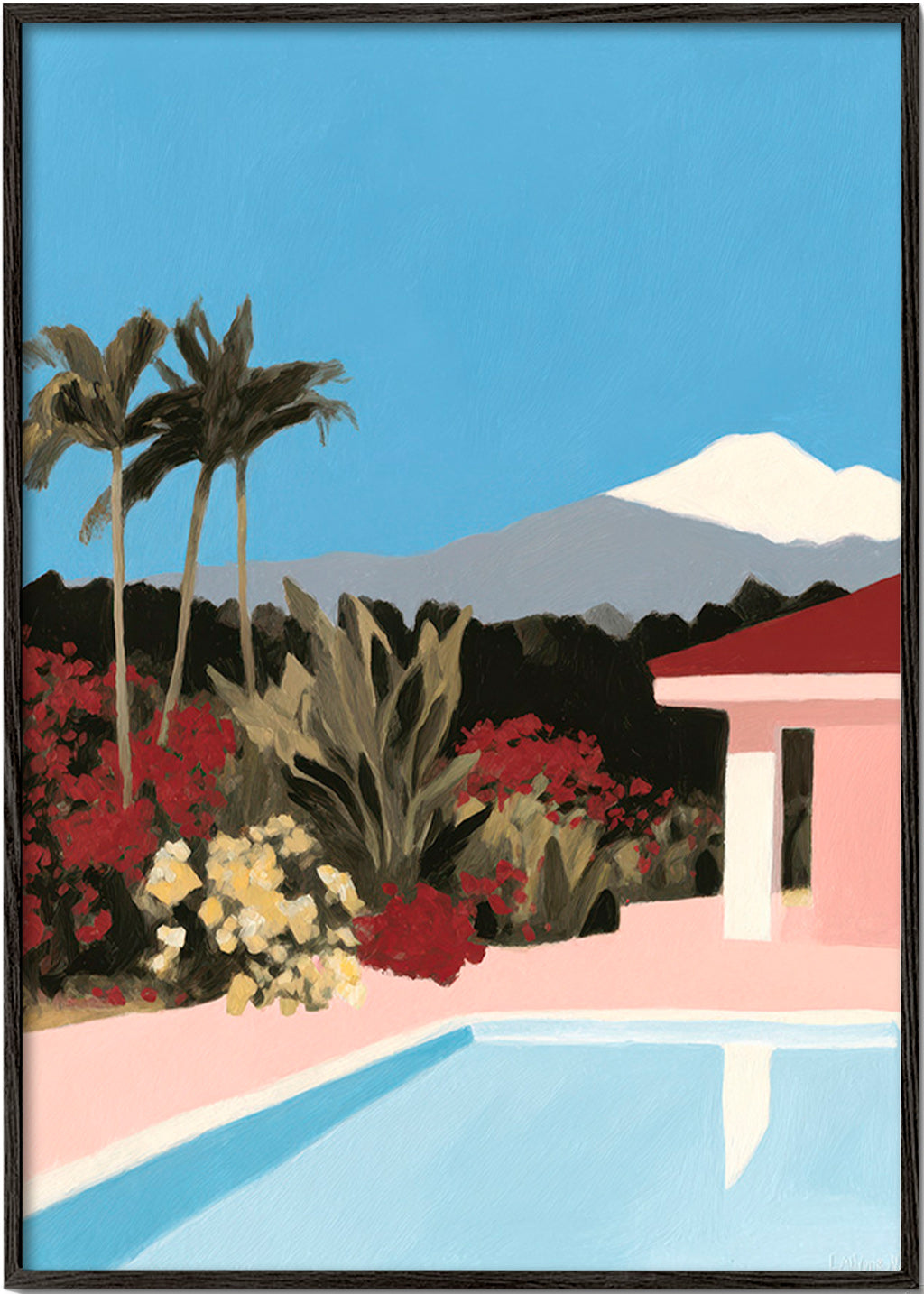 Lámina botánica con piscina y palmeras – Black Frame