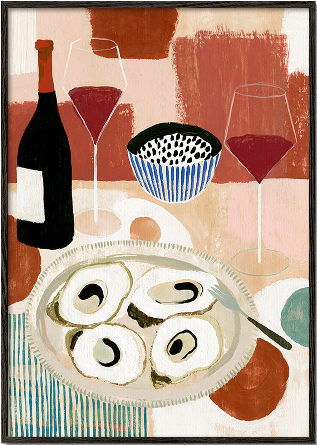 Cuadro de cocina: ostras y vino en bodegón – Black Frame