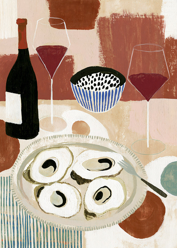 Cuadro de cocina: ostras y vino en bodegón