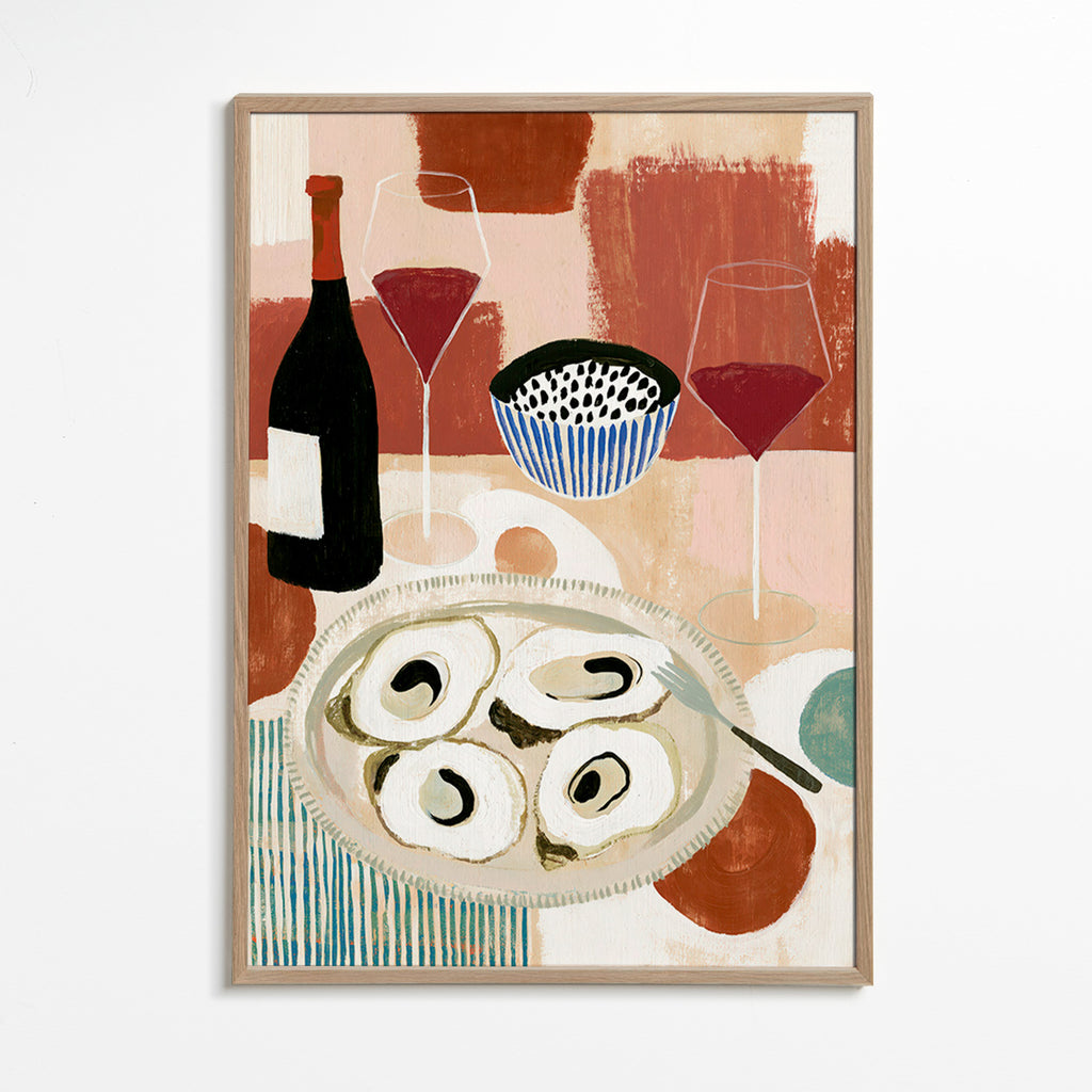Cuadro de cocina: ostras y vino en bodegón – Oak Frame
