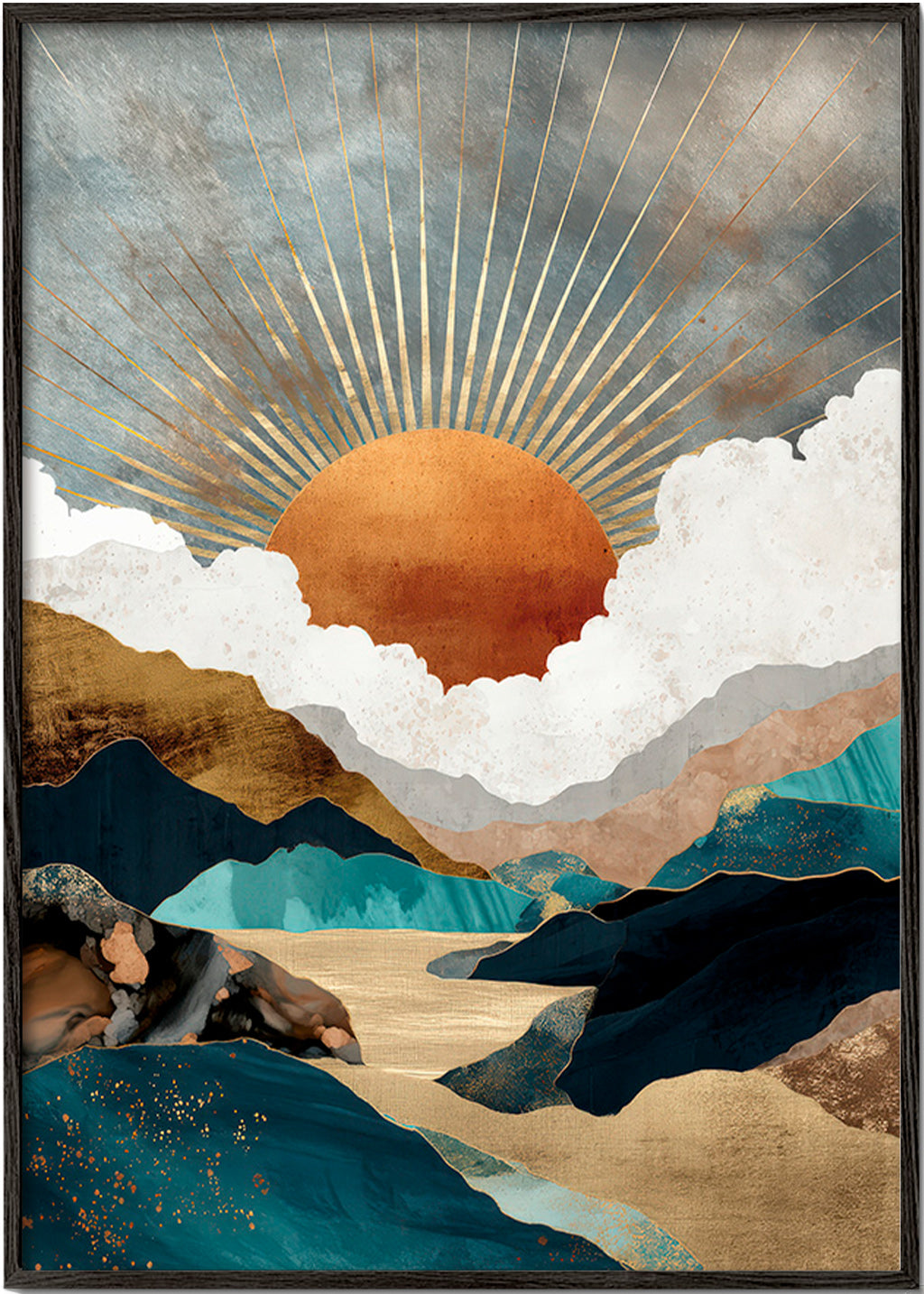 Cuadro de paisaje: atardecer dorado y montañas abstractas – Black Frame