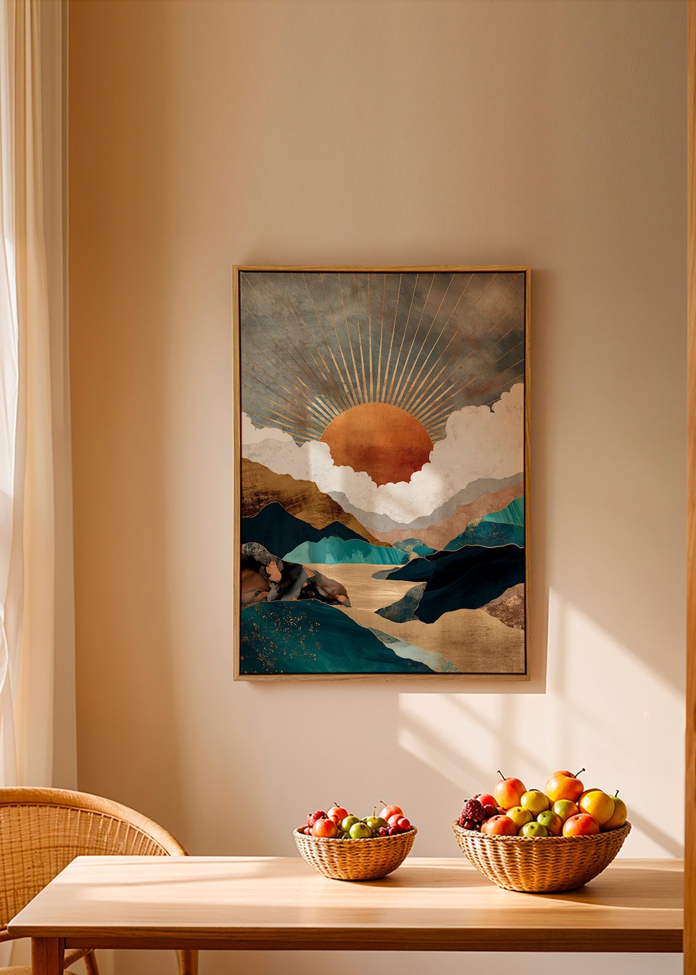 Cuadro de paisaje: atardecer dorado y montañas abstractas – Canvas1