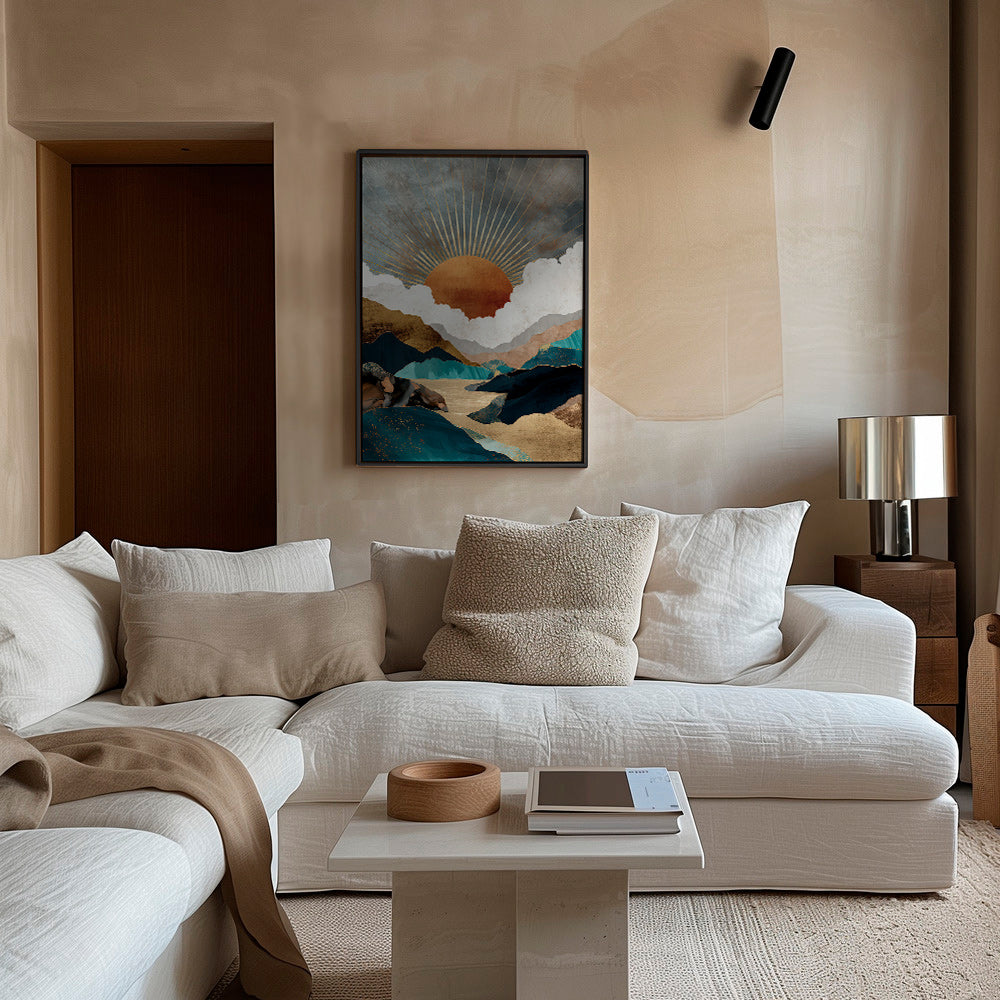 Cuadro de paisaje: atardecer dorado y montañas abstractas – Canvas2