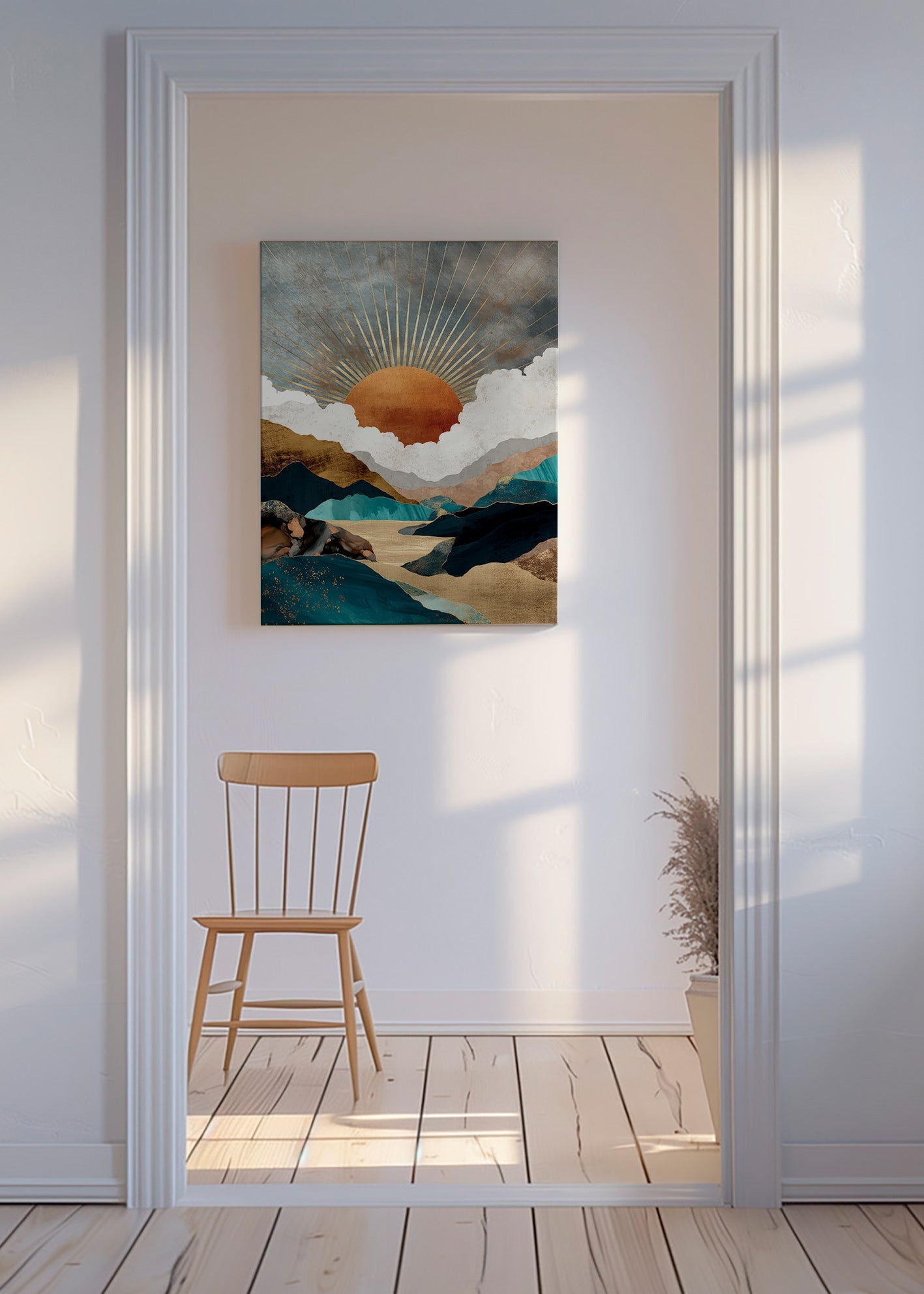 Cuadro de paisaje: atardecer dorado y montañas abstractas – Canvas