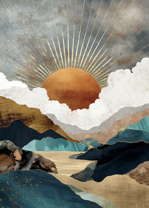 Cuadro de paisaje: atardecer dorado y montañas abstractas