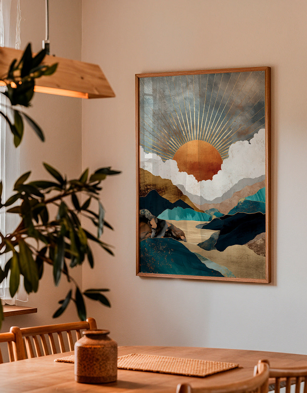 Cuadro de paisaje: atardecer dorado y montañas abstractas – Product2