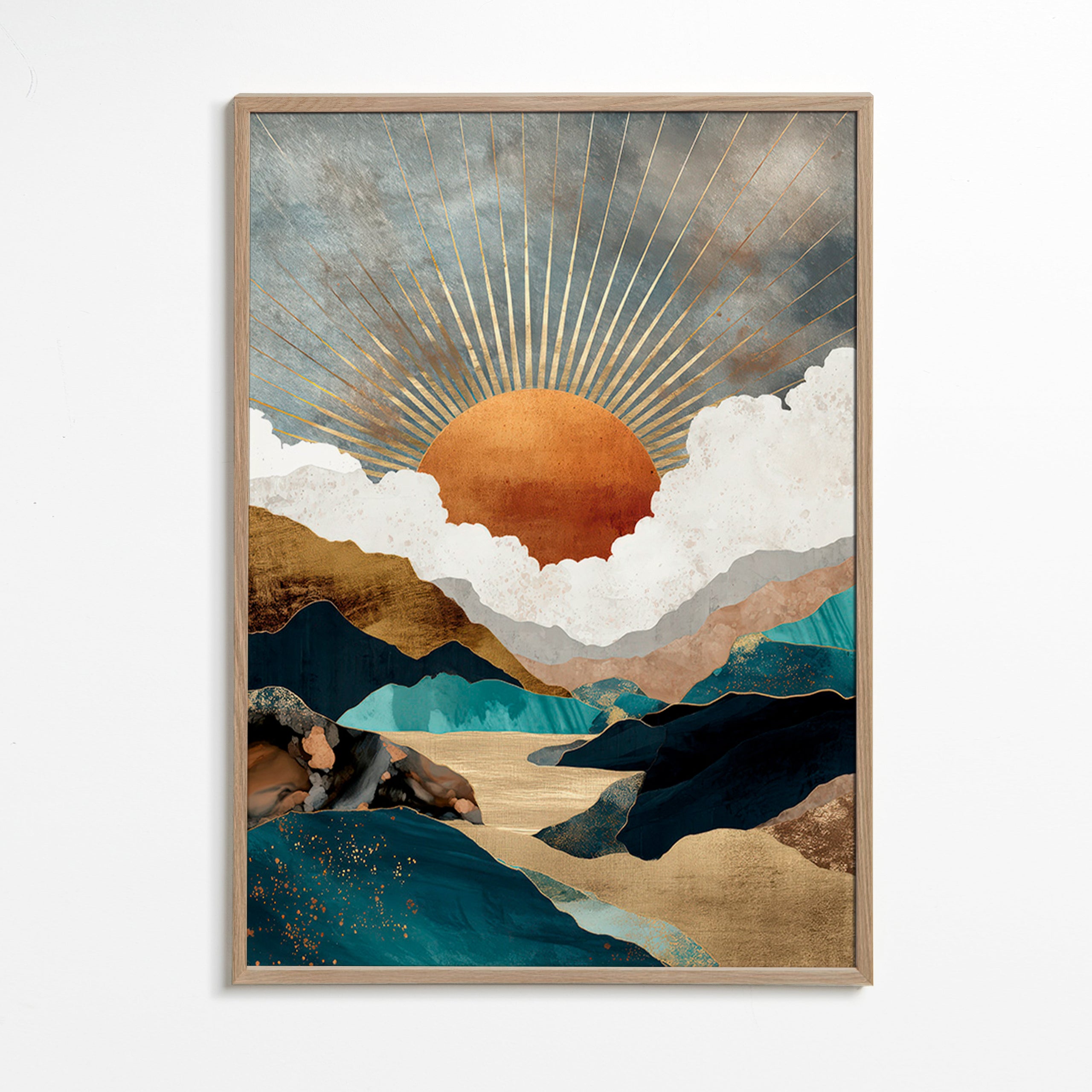 Cuadro de paisaje: atardecer dorado y montañas abstractas – Oak Frame