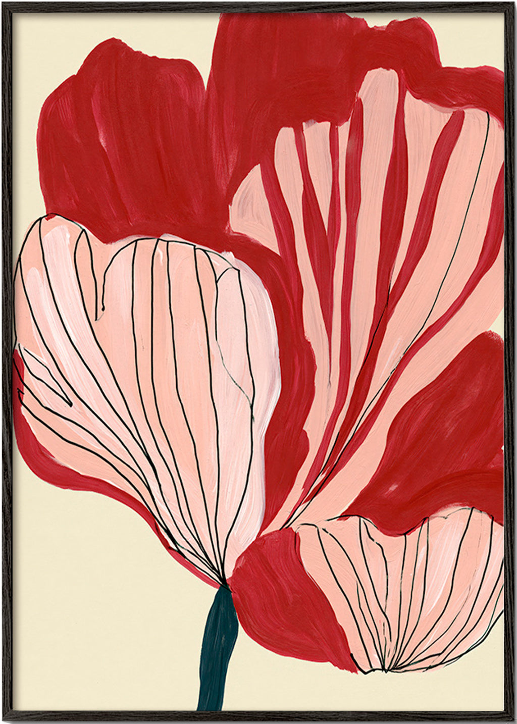 Lámina botánica pétalos carmesí – Black Frame