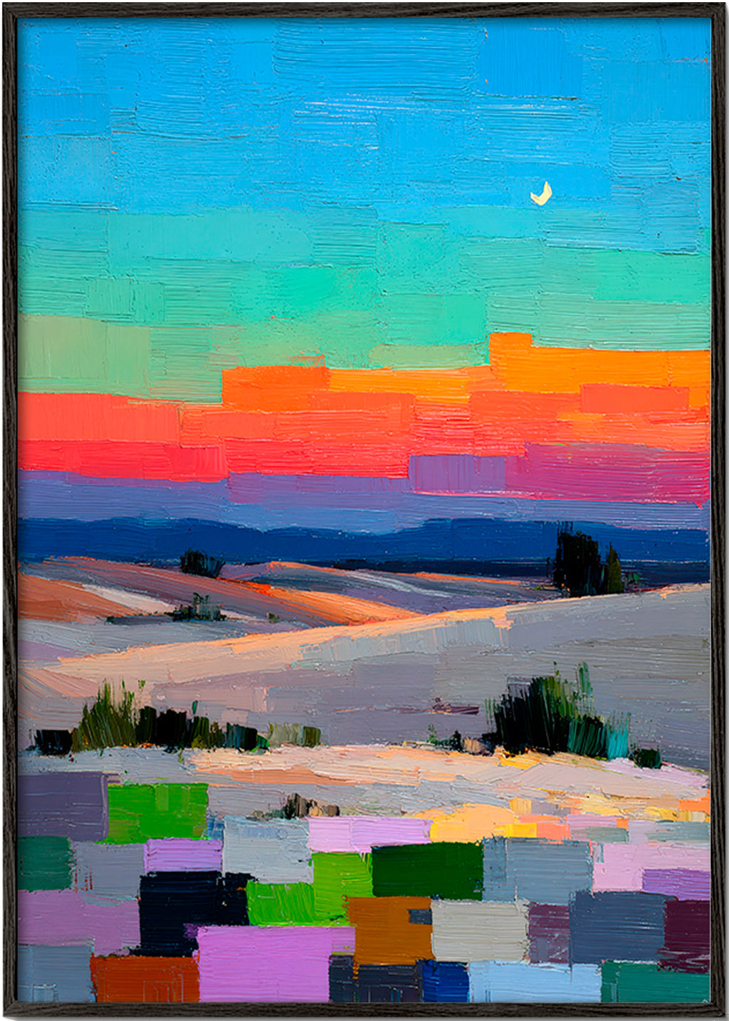 Cuadro de paisaje colorfield con luna – Black Frame