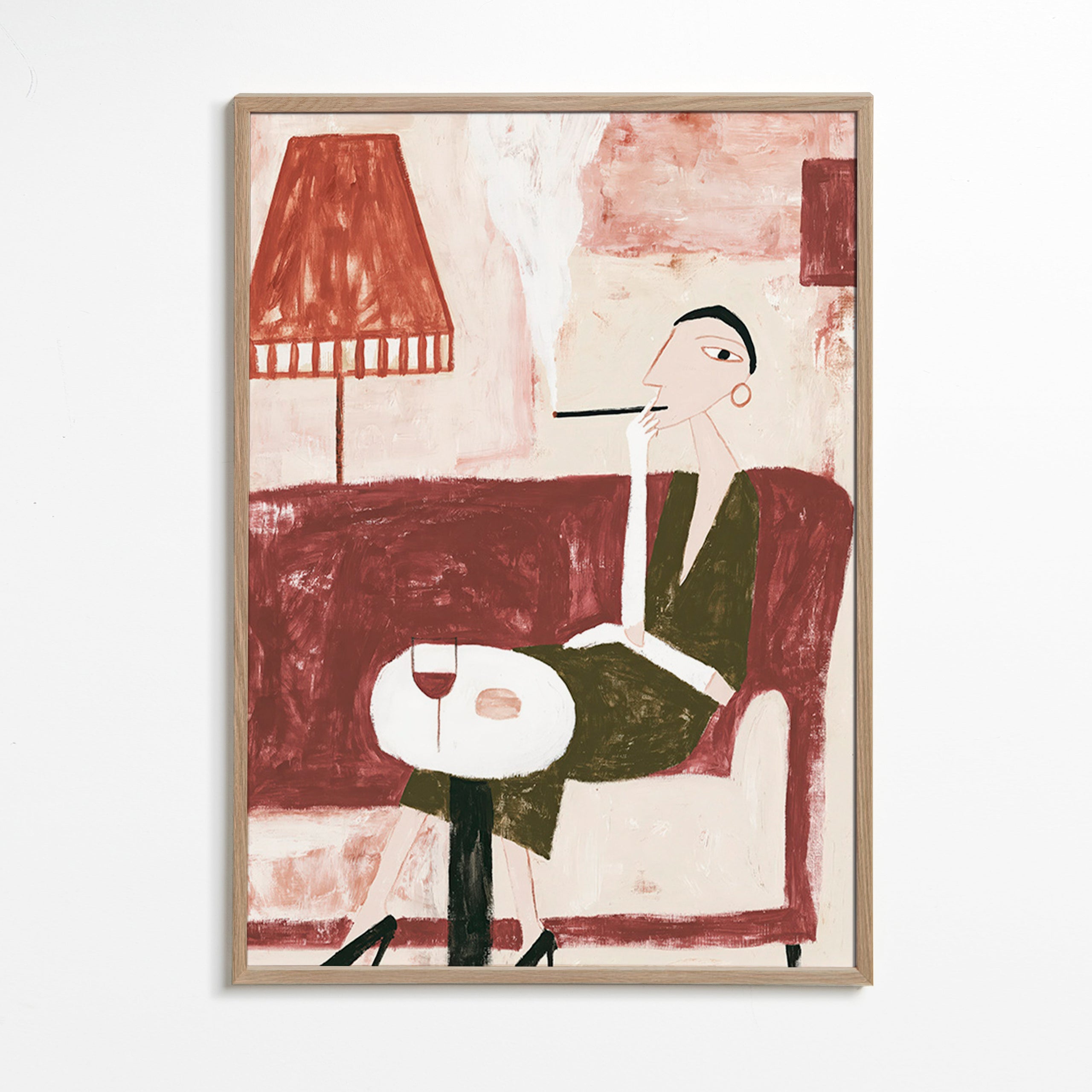 Cuadro de cocina con figura sentada y copa – Oak Frame