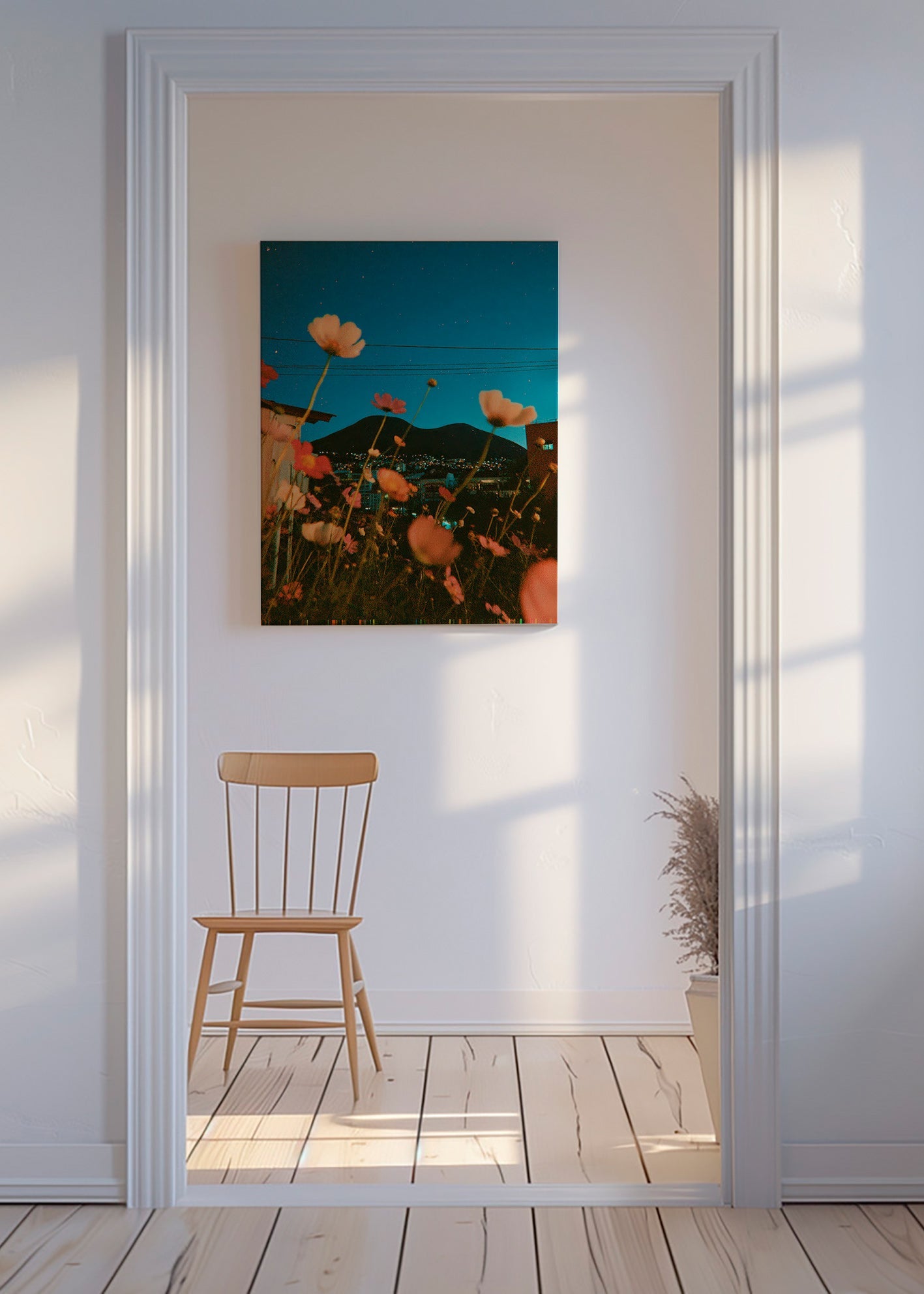 Lámina botánica con flores sobre ciudad al atardecer – Canvas