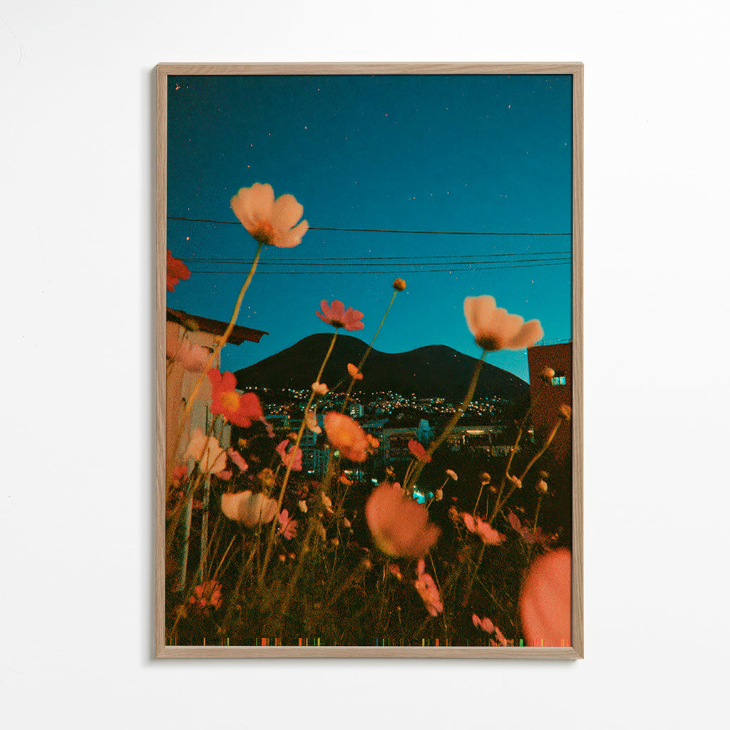 Lámina botánica con flores sobre ciudad al atardecer – Oak Frame