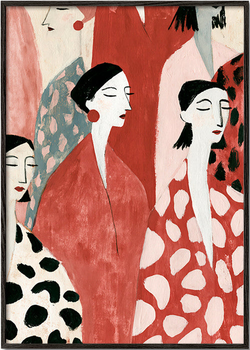 Ilustración de figuras femeninas en rojo – Black Frame