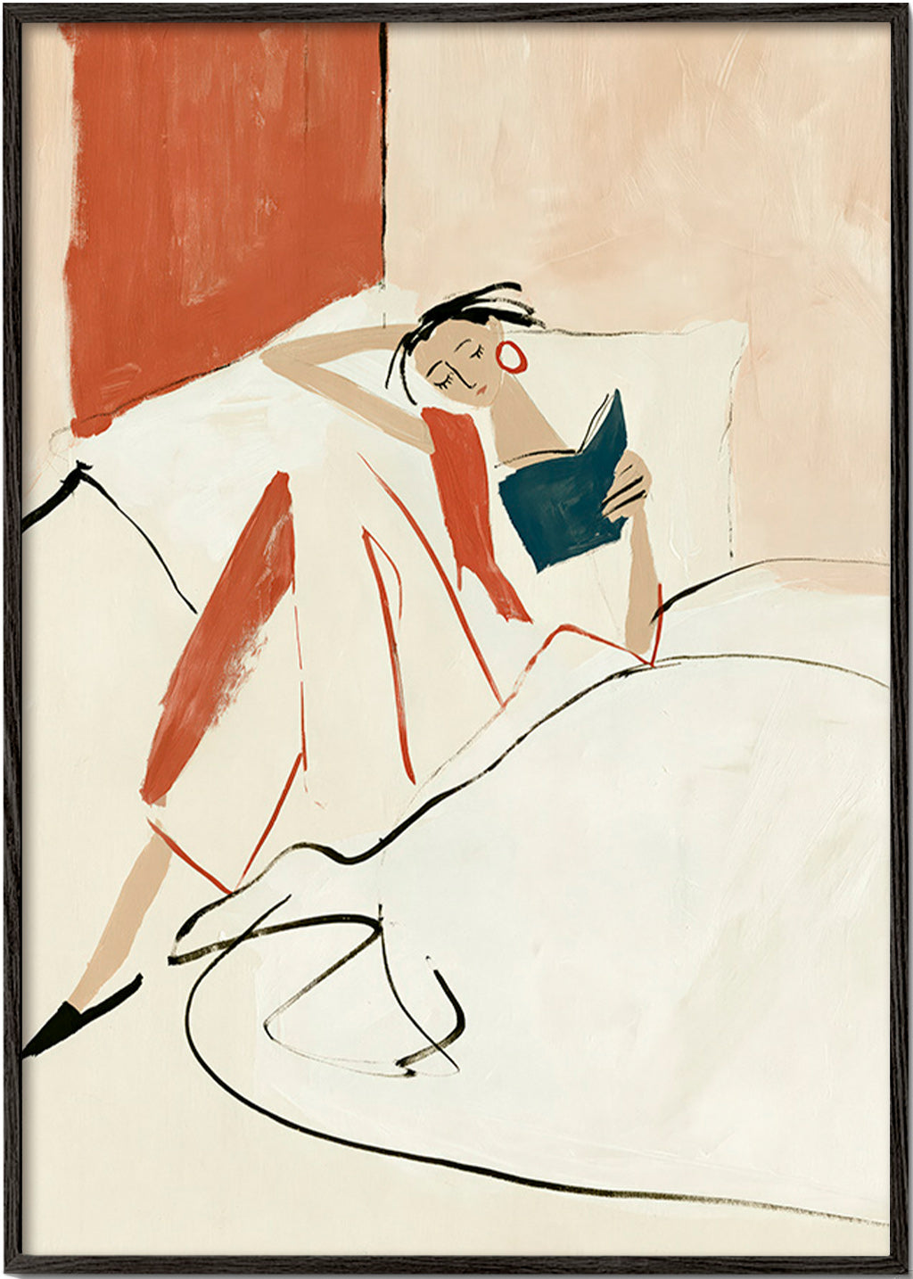 Ilustración mujer leyendo en cama – Black Frame