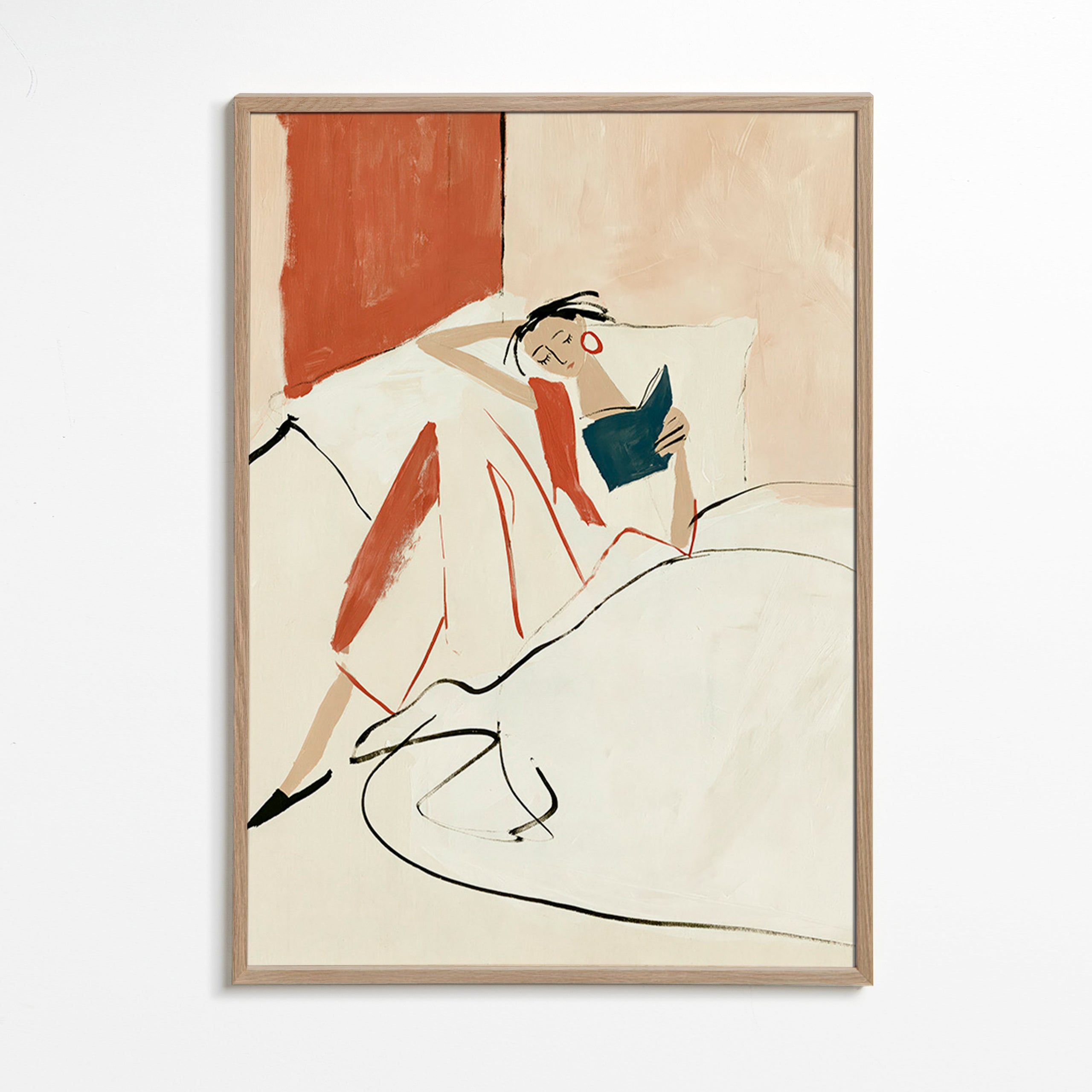 Ilustración mujer leyendo en cama – Oak Frame