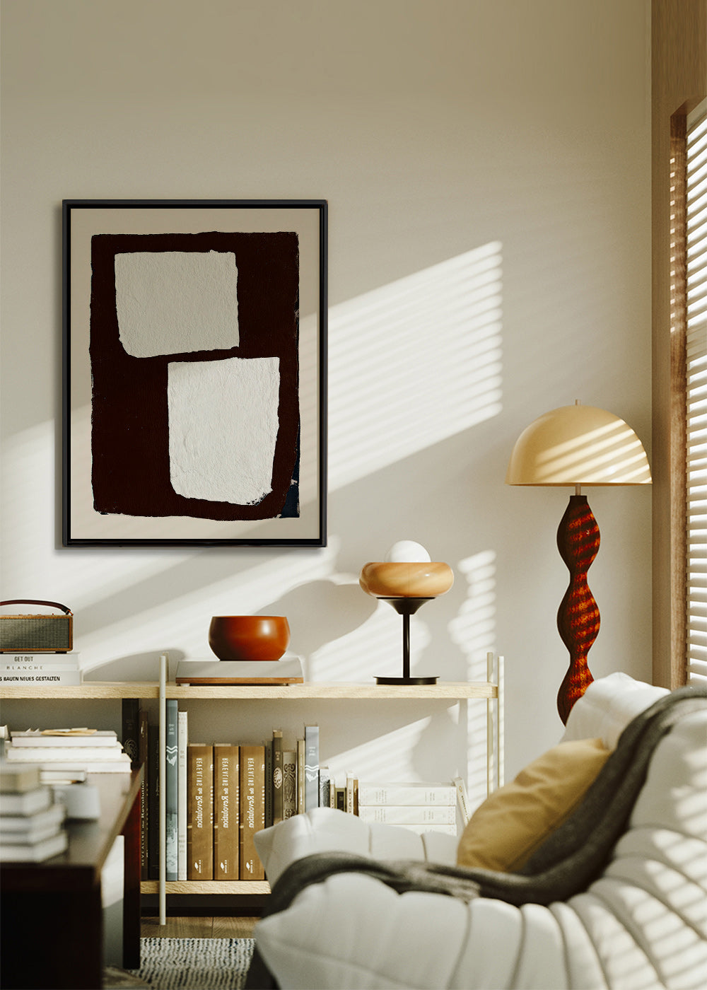Cuadro abstracto mocha con bloques blancos – Canvas2