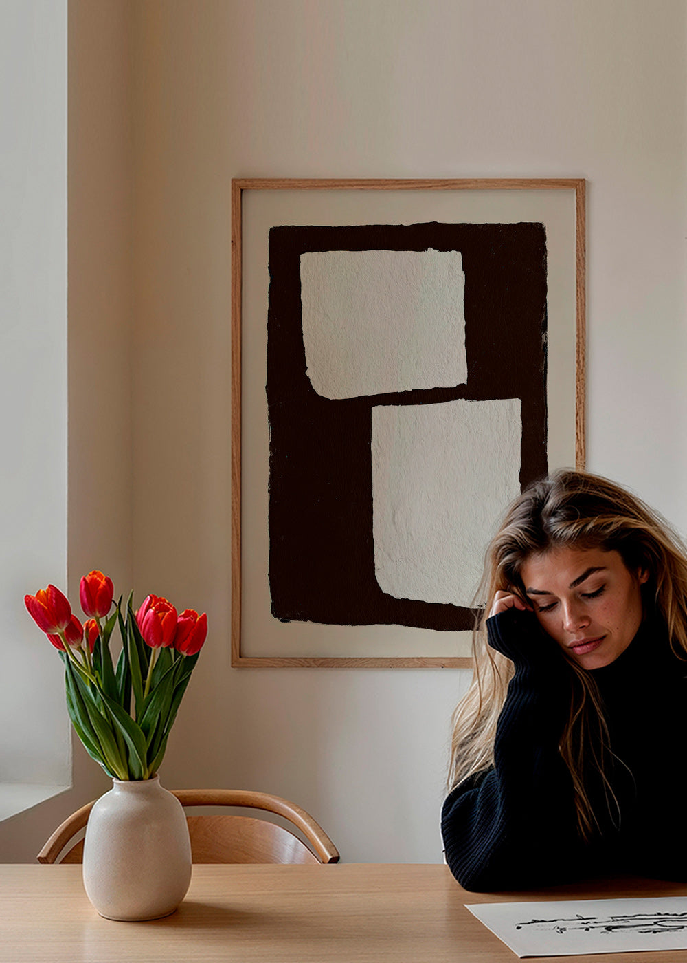 Cuadro abstracto mocha con bloques blancos – Product1