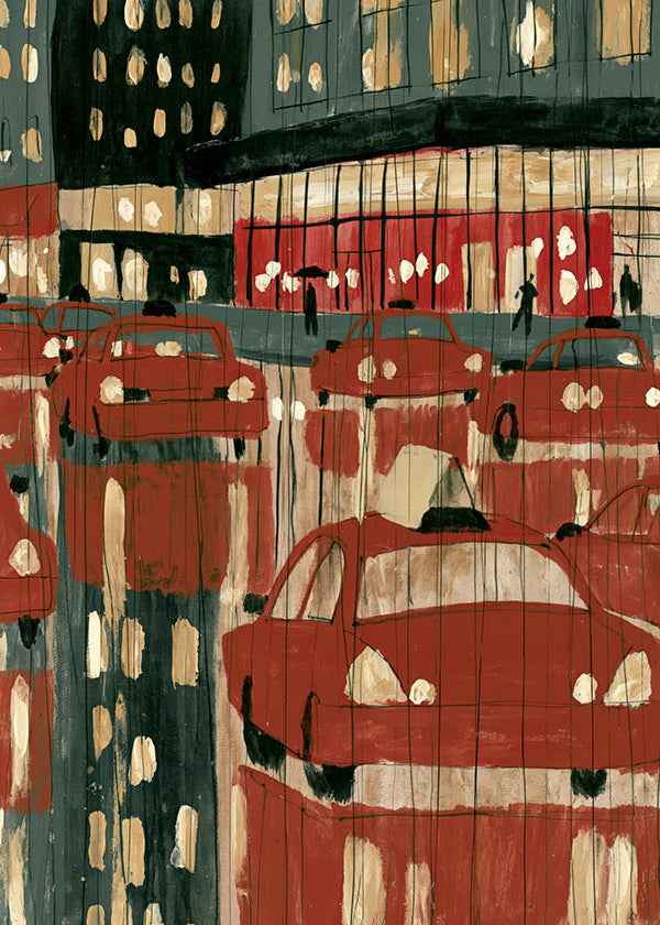 Cuadro de ciudades con taxis rojos y reflejos nocturnos