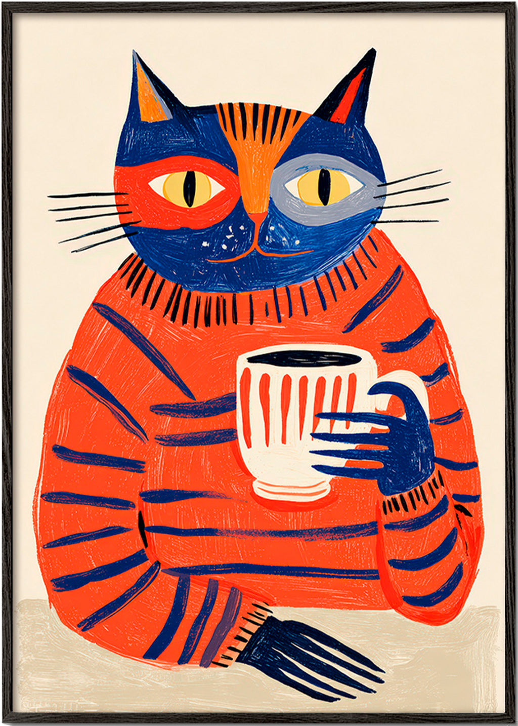 Cuadro de cocina con gato y taza – Black Frame