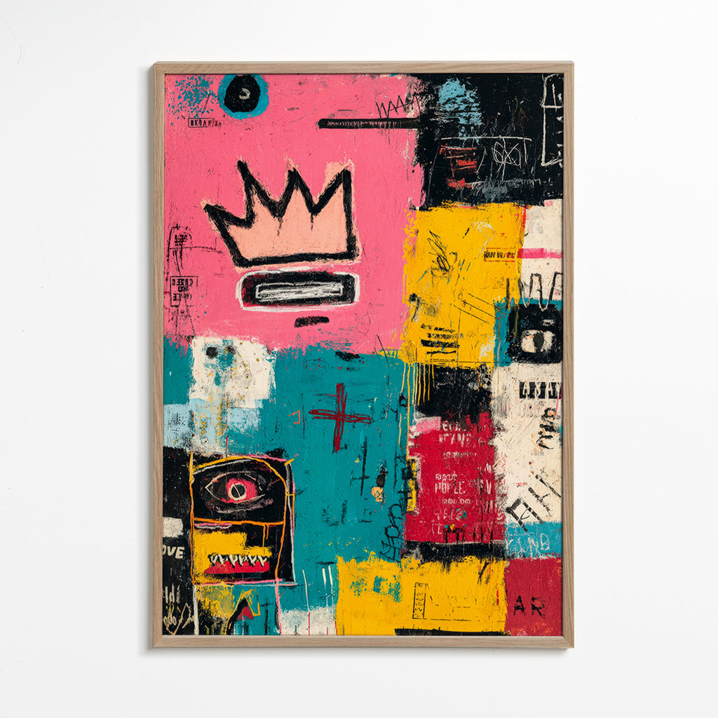 Cuadro abstracto con corona y bloques de color – Oak Frame