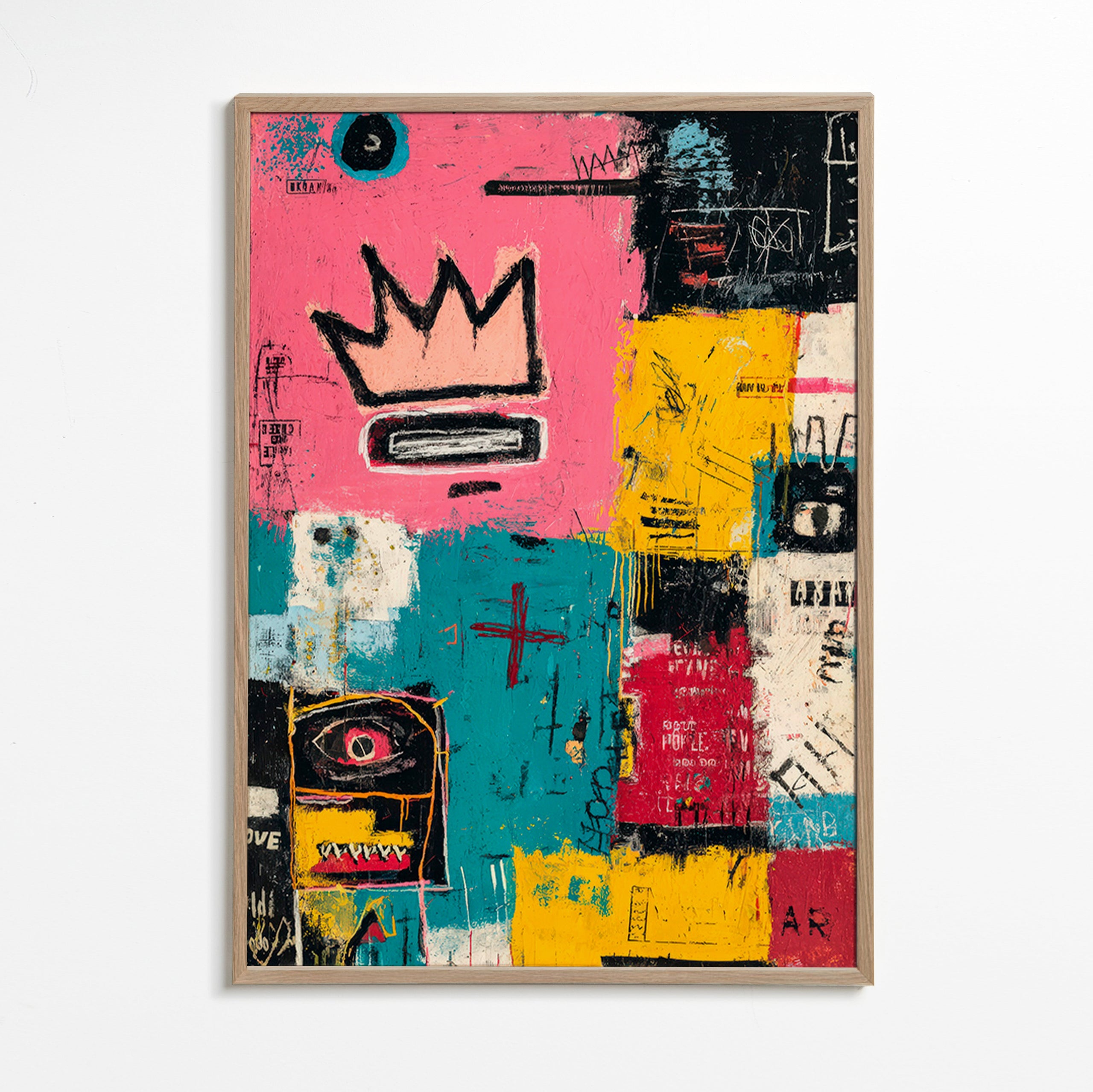 Cuadro abstracto con corona y bloques de color – Oak Frame