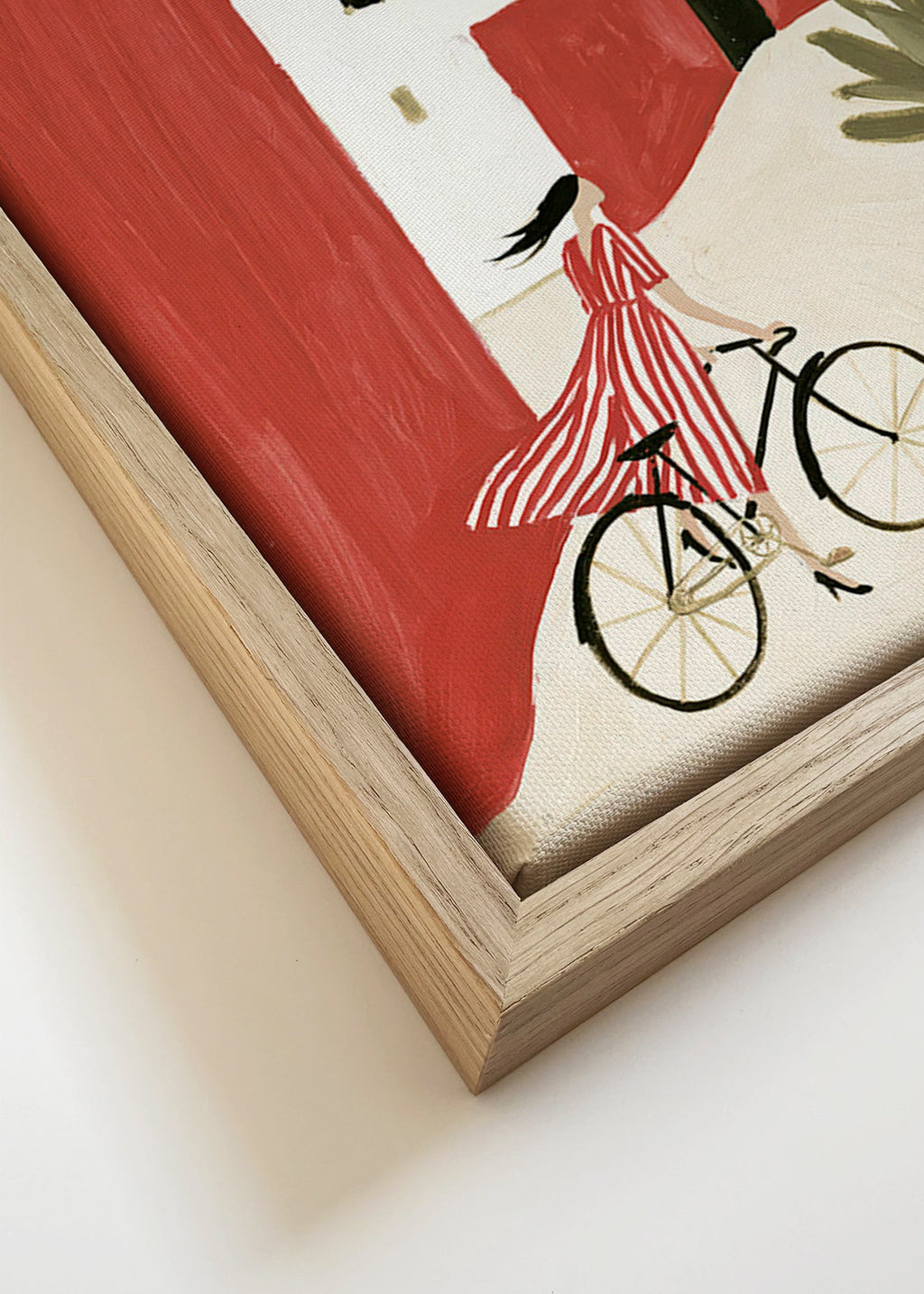 Ilustración con bicicleta en pueblo costero – Canvas detail