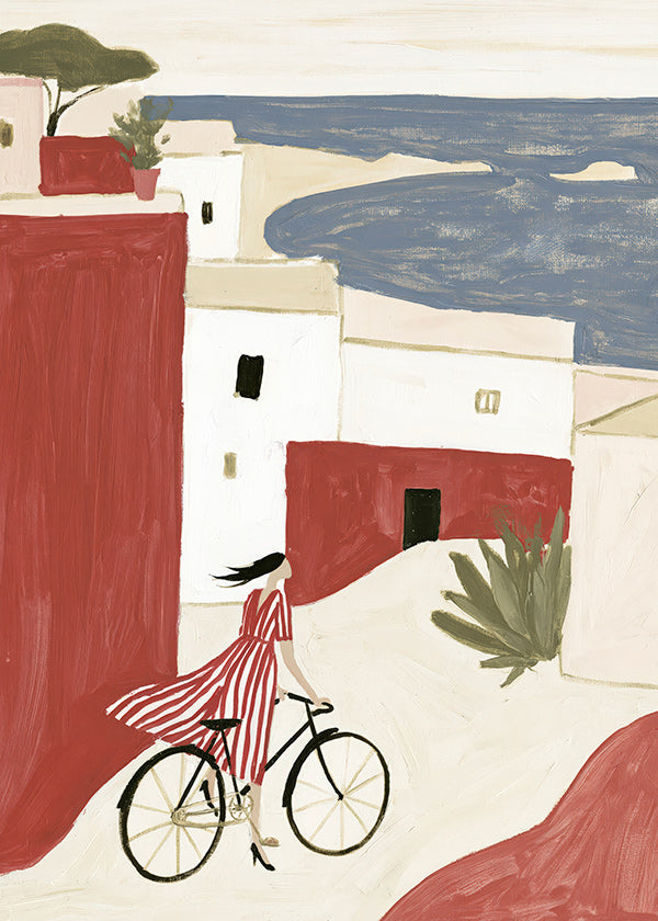 Ilustración con bicicleta en pueblo costero