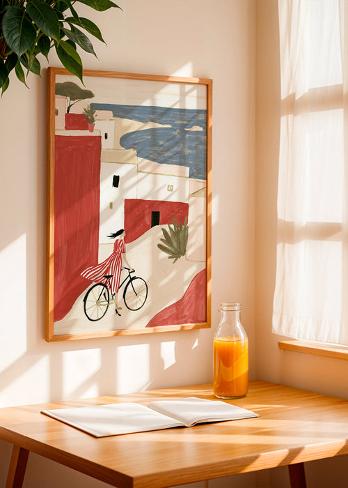 Ilustración con bicicleta en pueblo costero – Product1